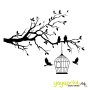 Vinilo para pared con una rama, pájaros y una jaula colgando. Una elegante decoración para tu hogar.